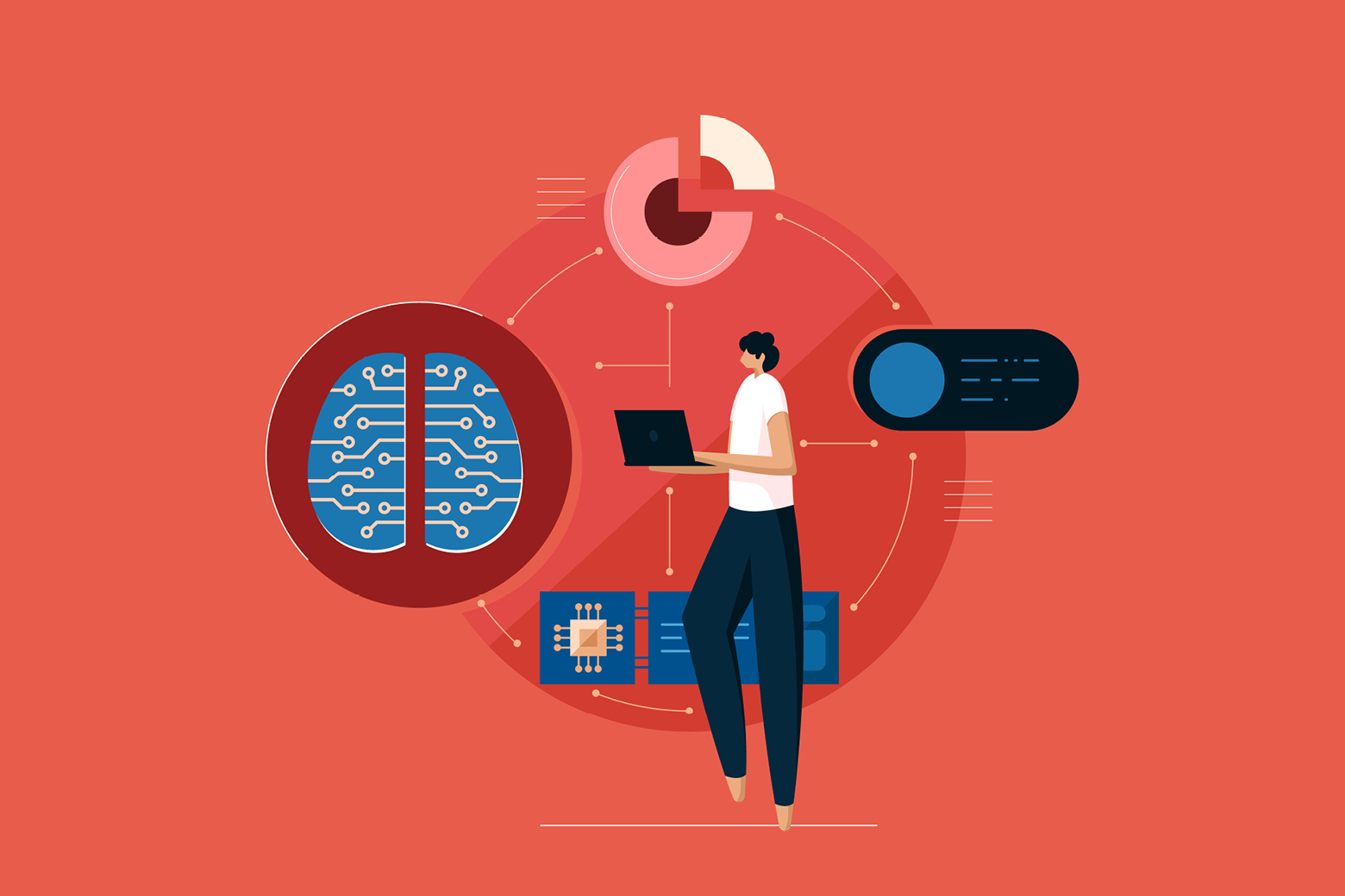 Cartoon woman surrounded by a brain, pie chart, and microchip